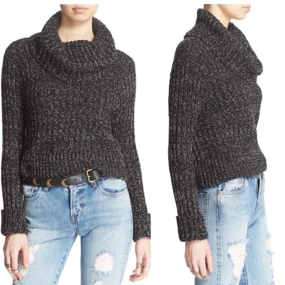 Free people black marled ballet twisted cableturtle neck cropped sweater size M - Picture 2 of 9